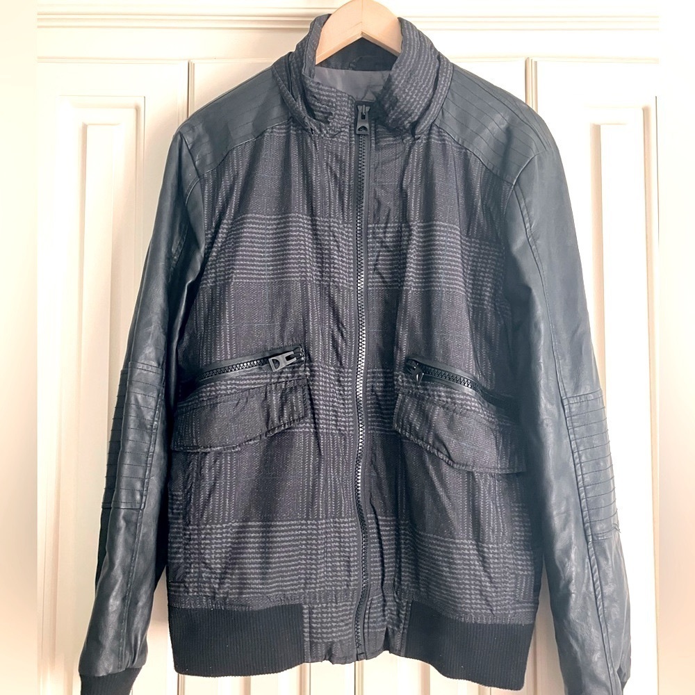 Guess Moto Bomber Jacket Plaid Mixed Media Full Zip Lined Multiple Pockets M